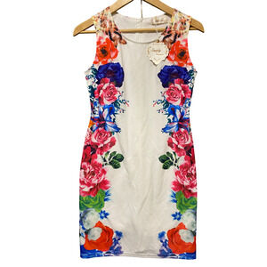 Simply Couture White Floral Bodycon Dress Small Rose Hibiscus Poppy Tropical NWT